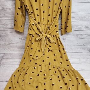 Lush Mustard Yellow Polka Dot Tie-Waist Midi Dress